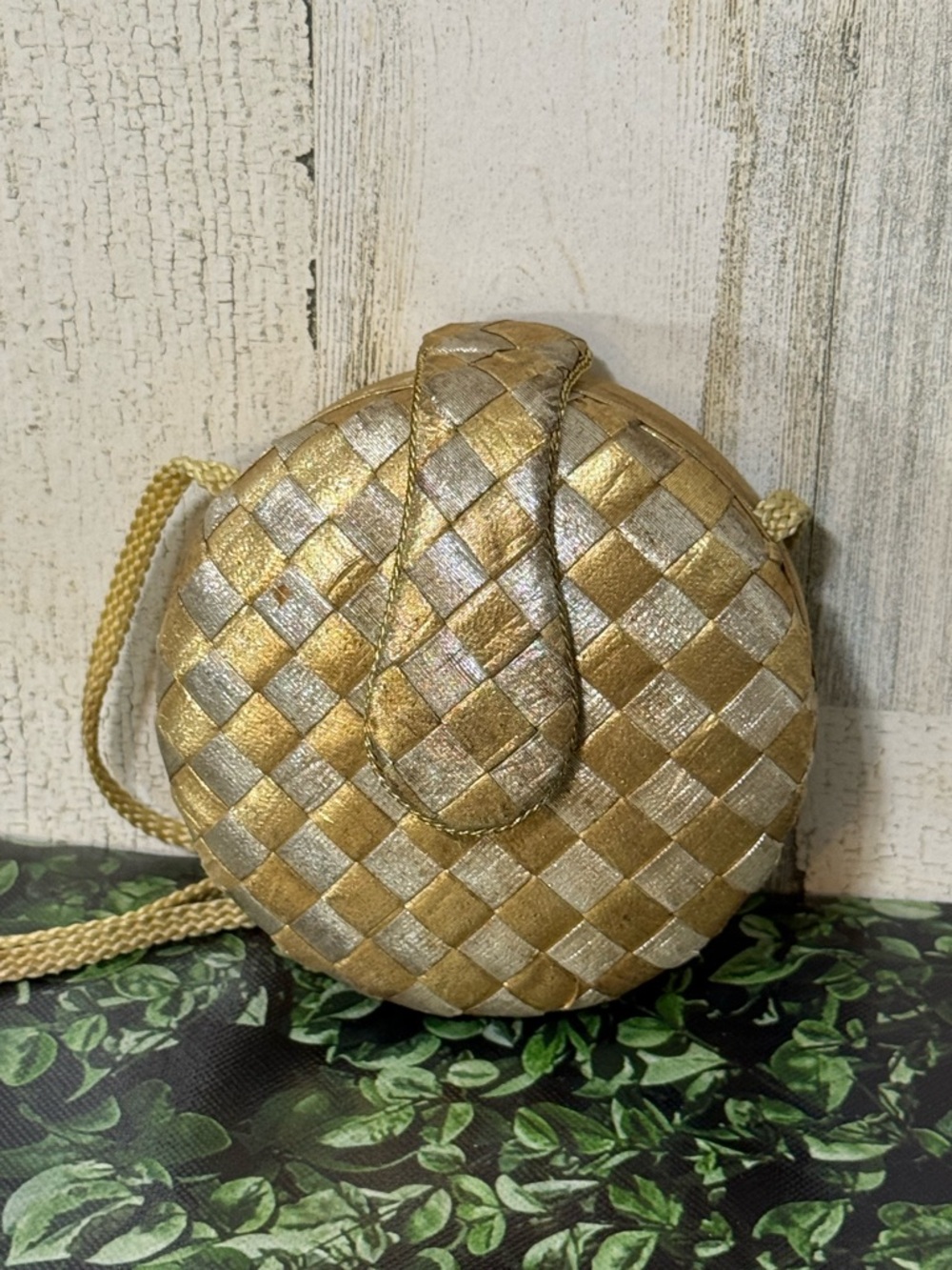 Vintage Metallic Woven Round Mini Crossbody in Gold and Silver